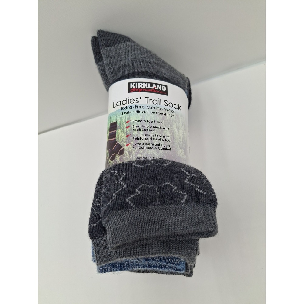 Kirkland Signature Ladies' Trail Sock Merino Wool, 6 Pairs, Sizes 4-10.5, New